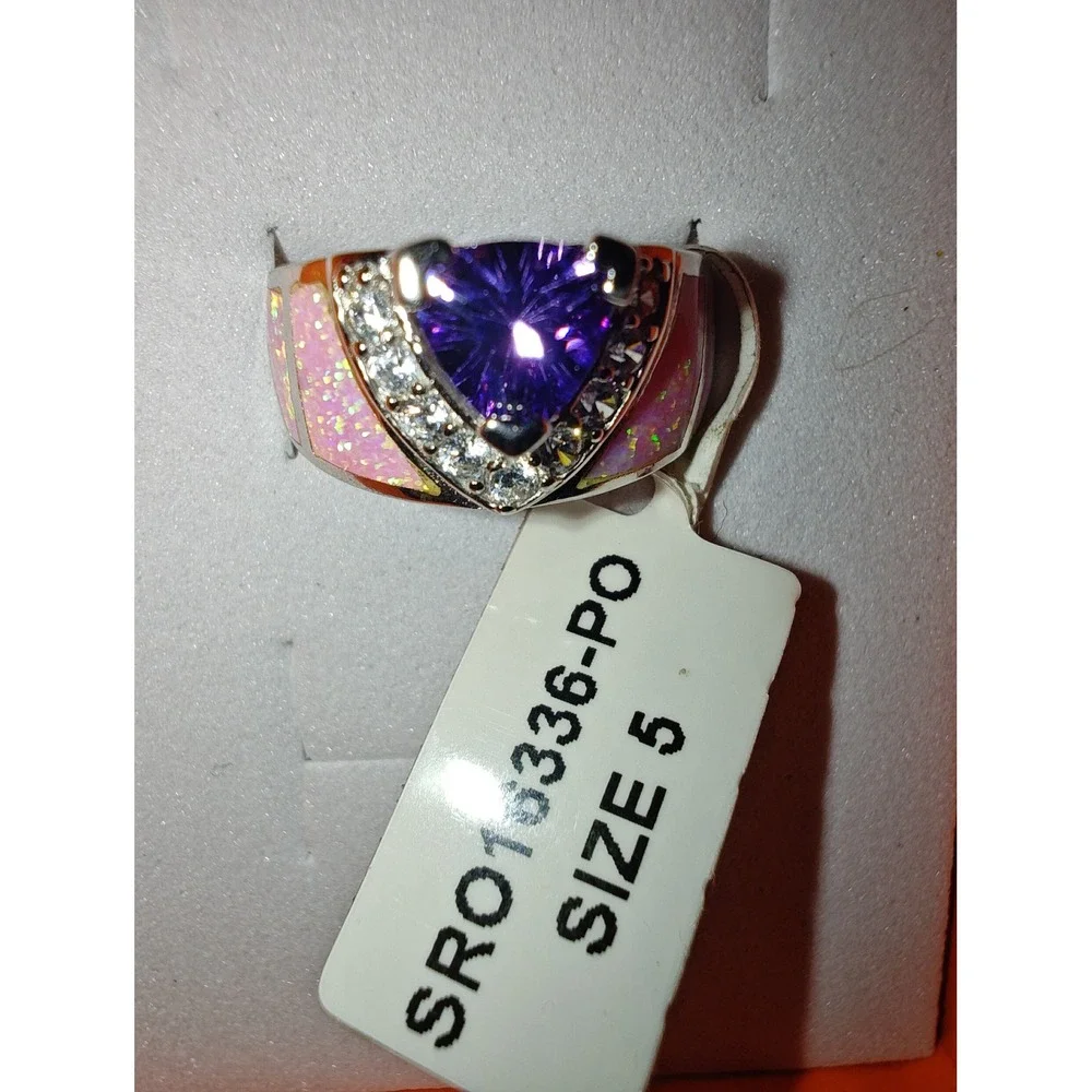 Ring Sterling Silver Purple Trillion Pink Lab Opal Statement SR016336-PO Size 5